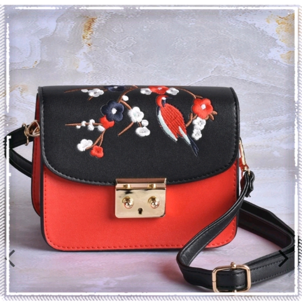 Embroidery birds cross body bag
